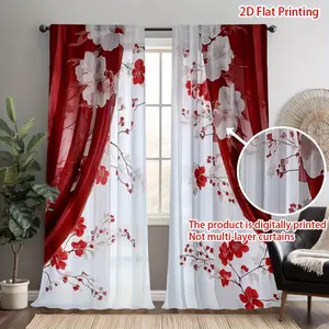 2pcs 2D Flat Printing Elegant And Gorgeous Flowers Are Red And Festive Curtains with Rod Pocket Top, Home Decoration Curtain, And Room Decoration Essential for Adding Sophistication And Style to Your Living Room (Without Rod)(Not Muti-Layer Curtains)