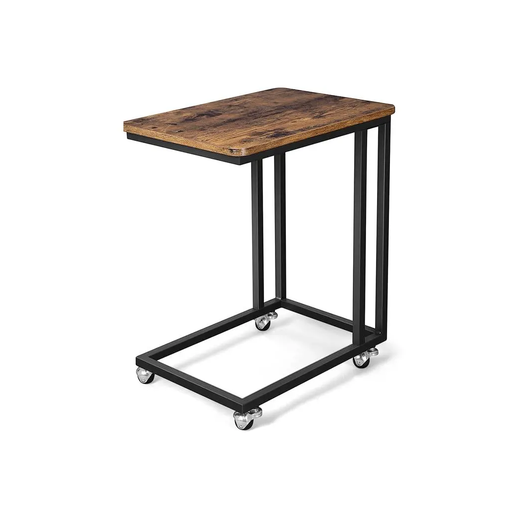 VASAGLE End Table, C Shaped TV Tray with Metal Frame Rolling Casters, Industrial Side Table, Industrial Bedside Table, Modern Accent Table