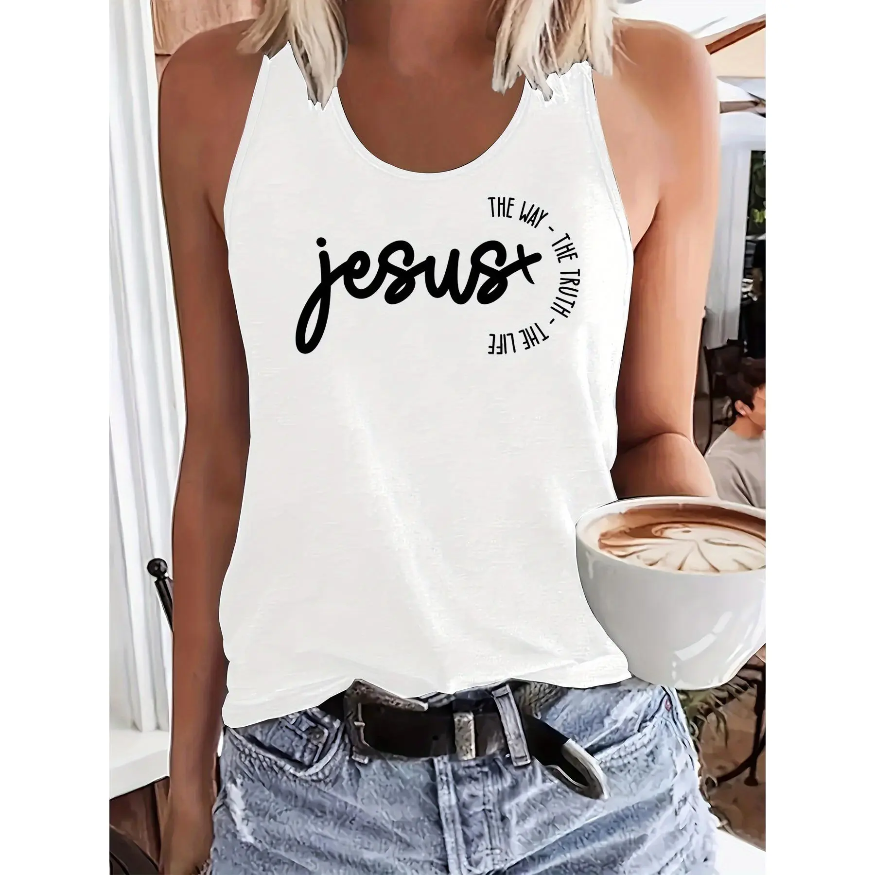 Women'S Inspirational "Jesus" Graphic Tank Top - Sleeveless, Round Neck, Black Casual Summer & Spring Top with White Lettering, Ladies Tank Tops