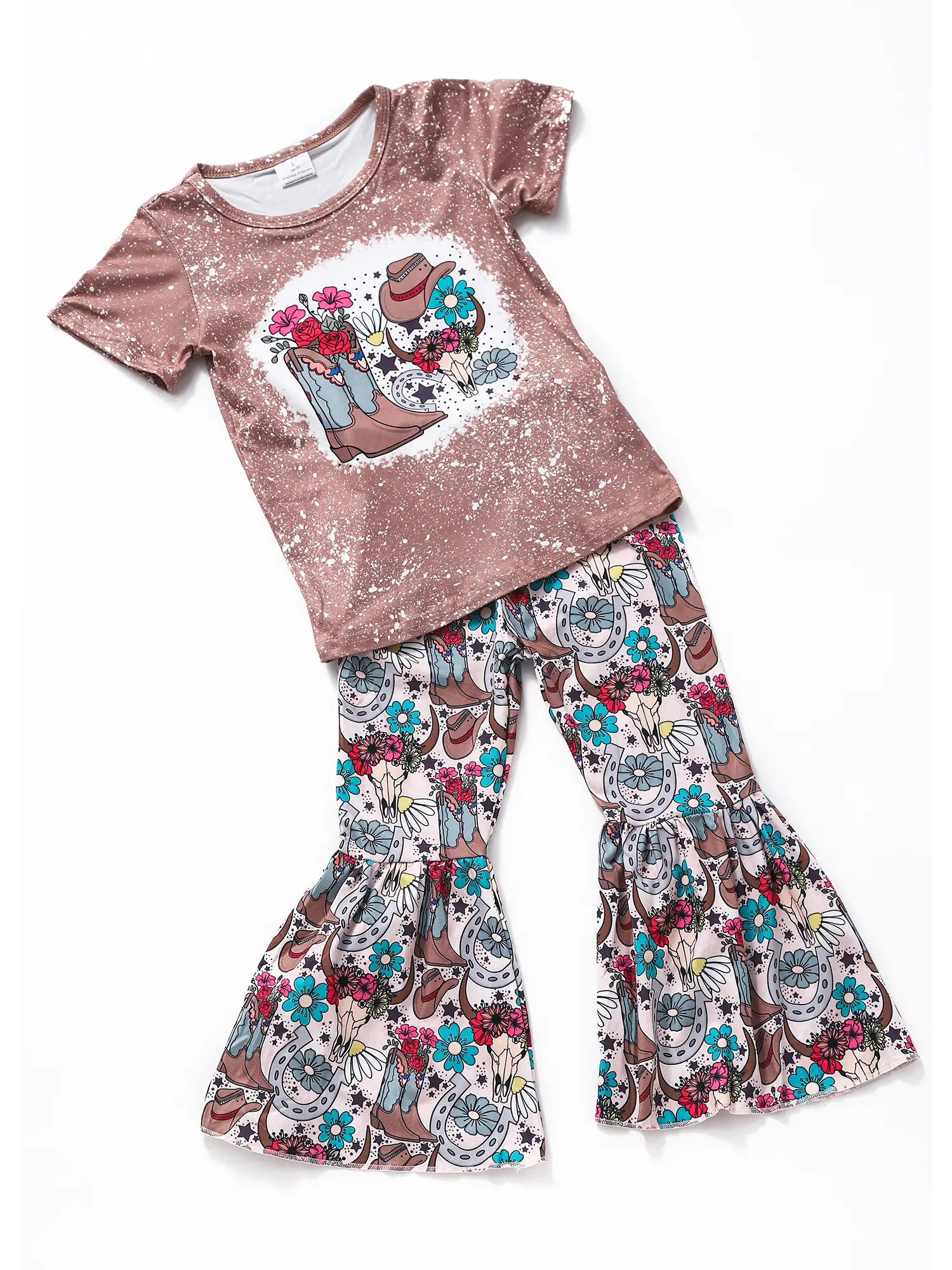 Western Brown Color boots Print bell pants Girls Set