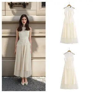 2026 New Casual Fairy-Like Lace Trim Mesh Patchwork Long Dress