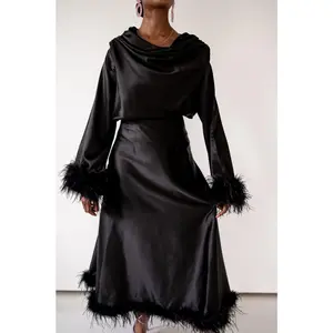 Zaina Feather Hem Maxi Skirt- Black