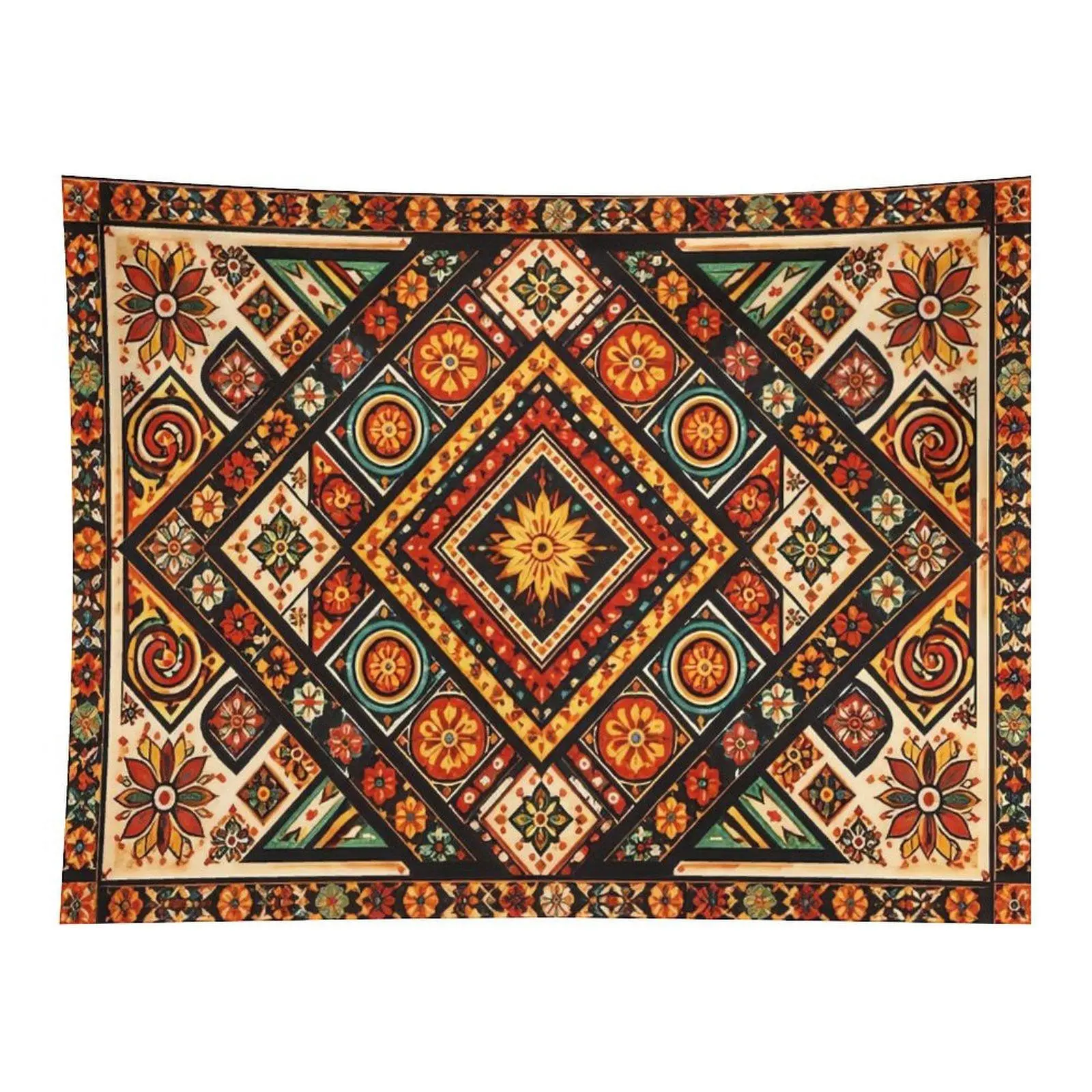 Vintage Multi Color Moroccan Diamond Floral Geometric Tile Wall Tapestry Wall Hanging, Retro Bohemian Ethnic Symmetric Seamless Pattern Decor for Boho Farmhouse Bedroom Dorm Desk Backdrop