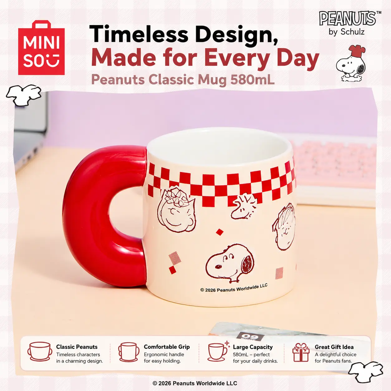 MINISO x Snoopy 580mL/19.61oz Ceramic Mug with Handle - Drinkware, Large Coffee & Tea Cup for Home, Office Use, Back To School