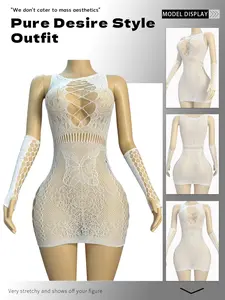 Women's Plain Sexy High Elasticity Hollow Out Stocking Mini Dress, Detachable Sleeves, Perfect for Date Night, All Seasons