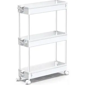 Slim Rolling Storage Cart, 3 Tier Bathroom Storage Organizer Laundry Room Utility Cart Mobile Shelving Unit, Multi-Purpose for Kitchen Office Bathroom Laundry Narrow Places, White