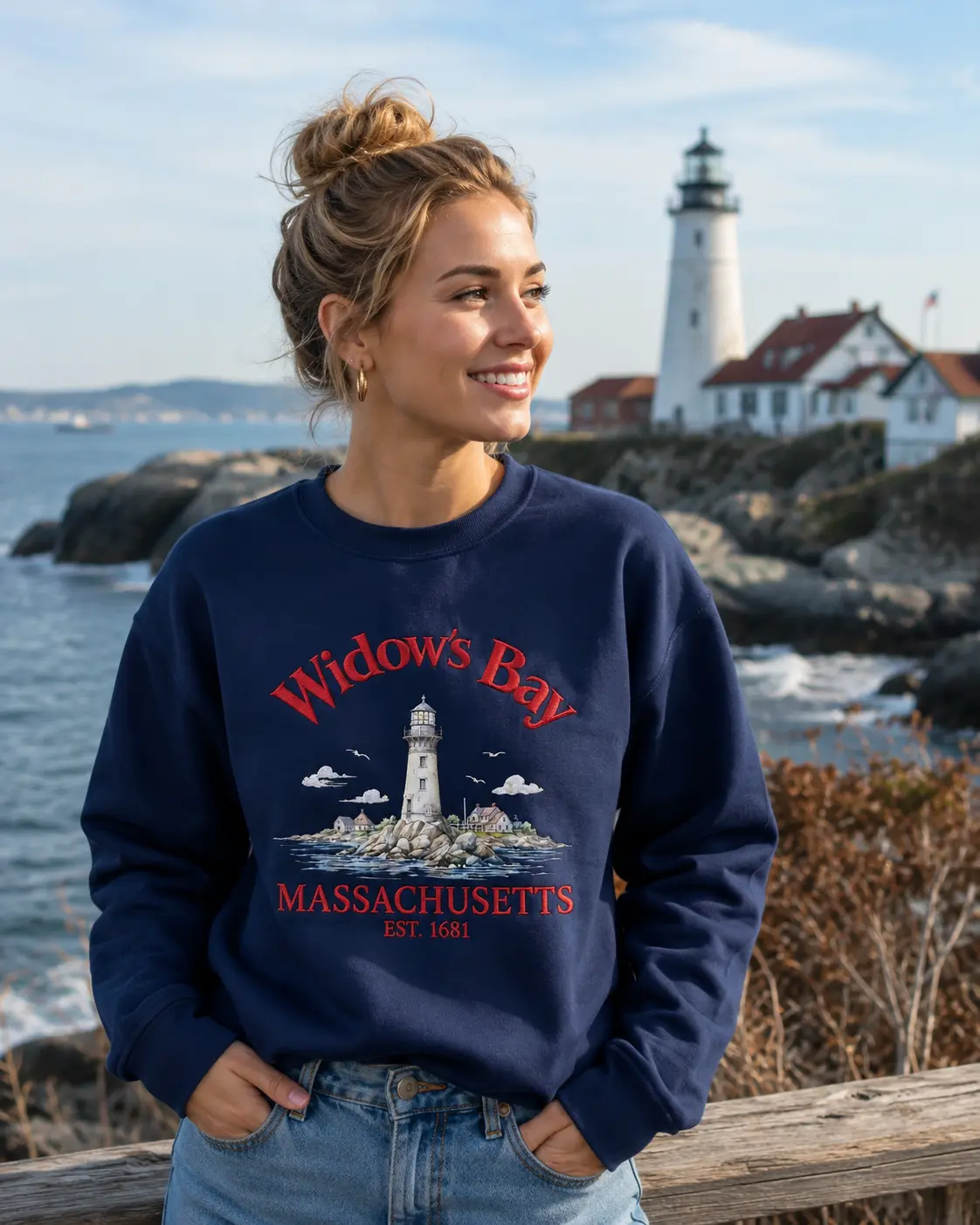 Women's Fitted Pullover Sweatshirt - Widows Bay Massachusetts Embroidered, Coastal Horror TV Show Themed Womenswear Top Elegance Everyday