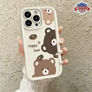 Cute Happy Bear Cartoon Pattern Case for iPhone 17 16 15 14 Pro Max 13 12 11 XR XS Plus Air Slim Shockproof Anti Drop Protective Durable TPU Cover