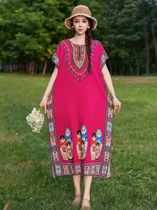 Cotton Silk Casual Printed Plus Size Loose Round Neck Multicolor Robe Ethnic Shawl Vacation Dress, Women's Fashion Long Sleeve