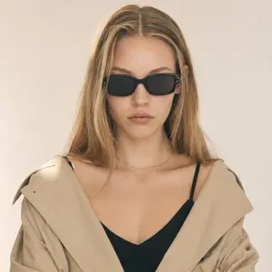 Small Rectangle Sunglasses with Black Frame and Dark Tinted Lenses, Retro Chic Shades