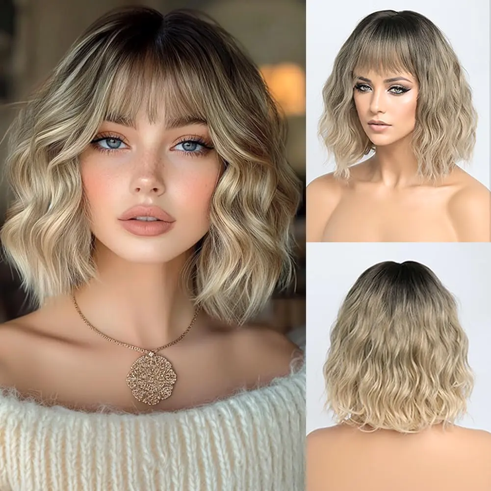 12 Inch Short Wavy Ombre Blonde Wig  Bob Wig with Bangs for Women Curly Shoulder Length Bob Wig with Bangs Soft Synthetic Hair Wigs for Girls Daily Party Use