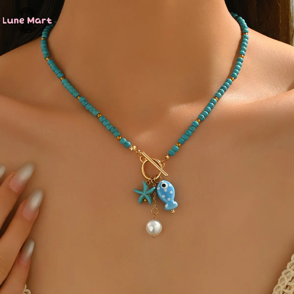 Ocean Themed Jewelry Set Turquoise Beaded Necklace Bracelet And Anklet With Starfish Fish And Pearl Charms Beach Inspired Three Piece Set For Women Summer Accessories Boho