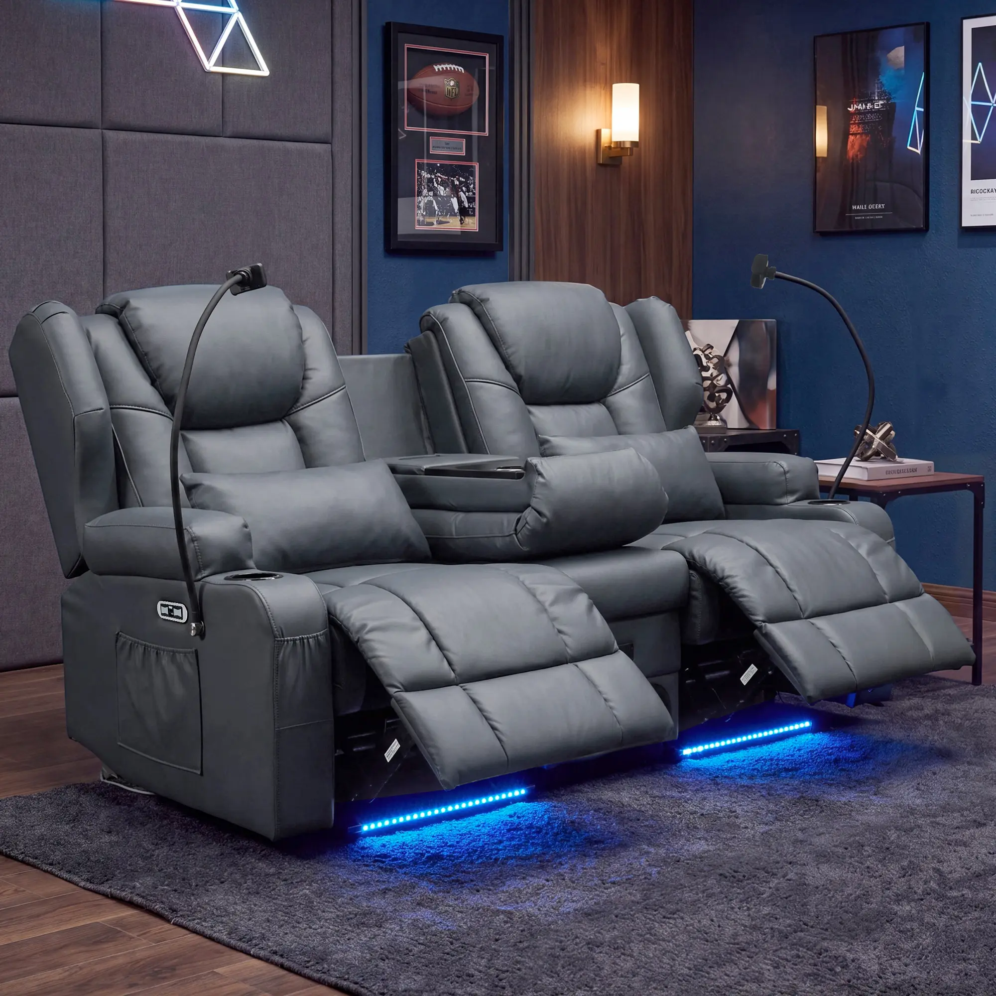Loveseat Recliner with Massage and Heat,Wall Hugger Power Recline Sofa with LED Lights for RV, Home Theater Seating,Living Room,Bluetooth Speakers USB Type-C and Cup Holders Included, Grey