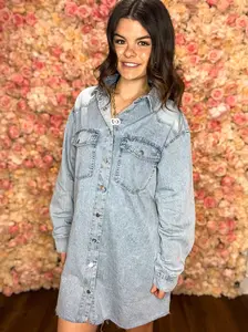 Beau Blue Raw Hem Denim Shirt Dress