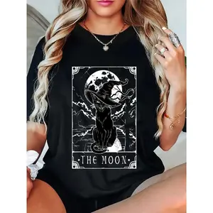 100% Cotton Tarot Card Crescent Moon And Black Cat Witch Hat Halloween T-Shirt