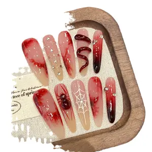 Flittop Colorful Floral Long Length Collections 10PCS Handmade Press On Nails Cat's Eye Red Advanced New Style False Nails Tips for Ladies Sweet & Cool INS Style with Jelly Glue Nail File Included Nail Art