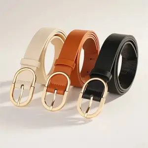 3pcs Vintage Preppy Leather Belts for Women - Golden Buckle, Non-Textile Weave, Suitable for College & Mature Occasions, Hollow Design, Average Size