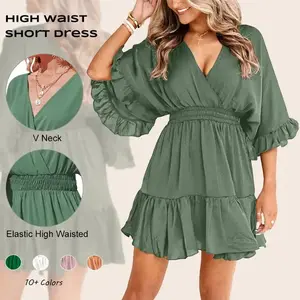 Women’s V-neck casual summer dress, loose fit, high-waisted pleated cute mini skirt GARMENTARY