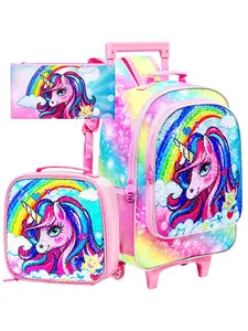 3PCS Rainbow Unicorn Rolling Backpack Set for Girls, Sequin Kids Wheeled Backpack with Lunch Bag & Pencil Case, Sparkly School Luggage for Elementary Students