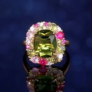 Green Stone custom cushion cut ring - Colorful gemstones banquet gold plated, crystal women’s ring