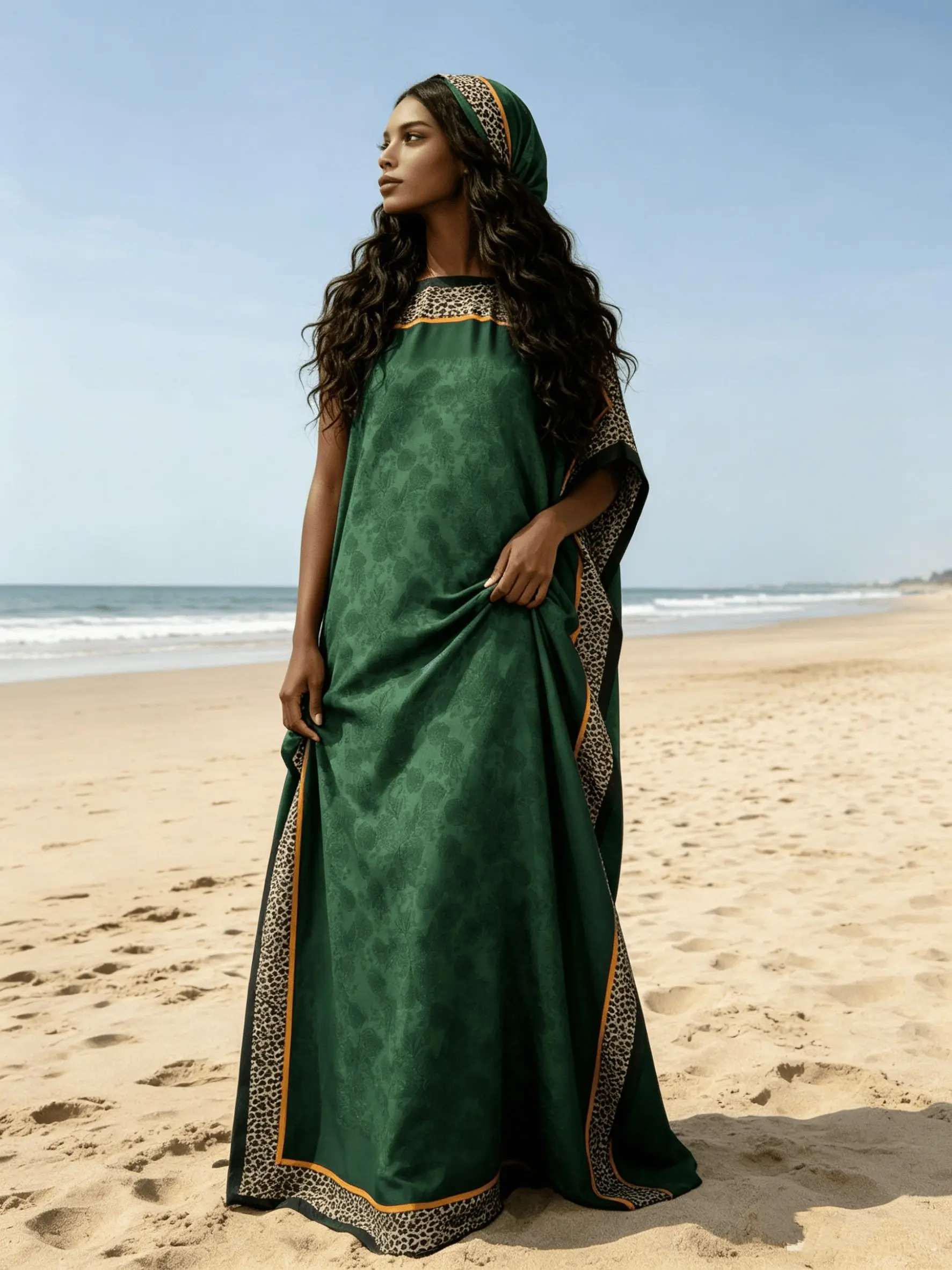 2026 New Women's 2 Piece Green Leopard Border Print Kaftan Maxi Dress with Matching Scarf, Silky Loose Satin Robe, Plus Size Friendly, Beach Cover Up, Resort Vacation & Evening Party Wear Casual Style