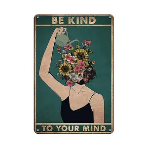 Be Kind To Your Mind Vintage Sign, 1 Count Flower & Woman Pattern Wall Art, Encouragement Gifts for Women, Home Room Decor for Home Office Bedroom Living Room, Ornaments, Vintage Prints