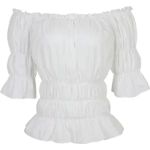 WomenRenaissanceBlouseVictorianSteampunkPirateShirtOffShoulderShortSleeveSmockedBlouseTops