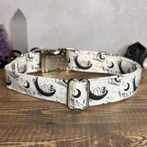 Witch Wiccan Adjustable Dog Collar or Cat Collar with Moon Phases, Black, Crystals, Magic, and Tarot Design
