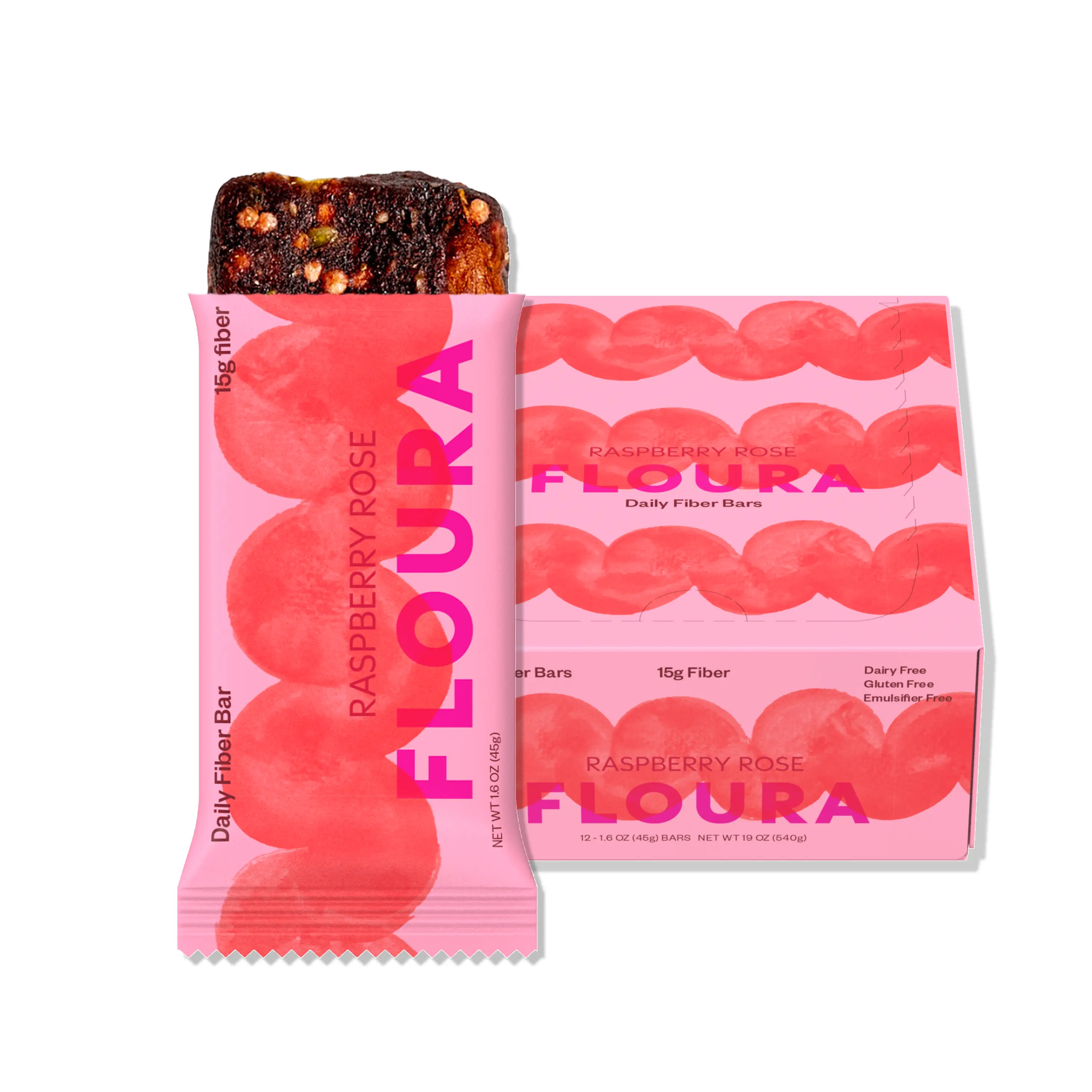 Floura Raspberry Rose Fiber Bar 12-Pack 15g Fiber Healthy Snack Gluten-Free Vegan Friendly with Raspberries Red Apples & Rose Notes