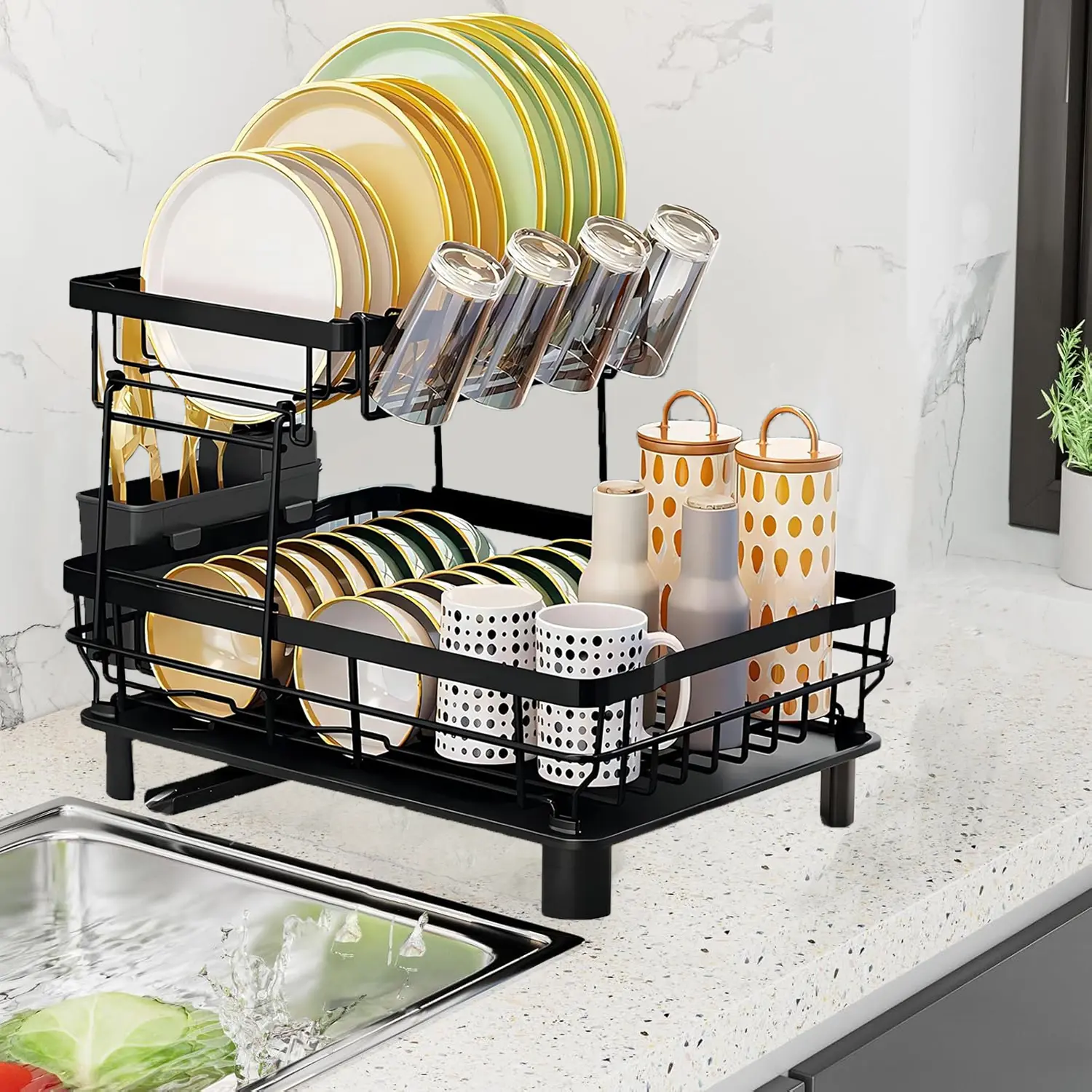 2-Tier Sturdy Compact Countertop Organizer - Space-Saving Adjustable Metal Dish Drying Rack with Knife Stand, Utensil Holder, Cup Drip Tray, Effective Drainage