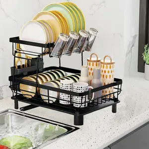 2-Tier Kitchen Counter Dish Drying Rack - Space Saving Metal Dish Drainer with Knife Stand, Utensil Holder & Cup Drip Tray