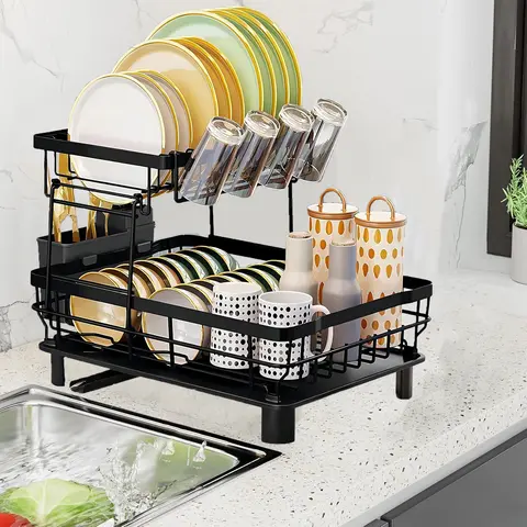 2-Tier Rustproof Removable Coating Countertop Organizer - Sturdy Compact Type Adjustable Metal Rack Kitchen Dryer for Small Spaces, Low Cabinets, with Knife Stand, Utensil Holder, Cup Drip Tray, Efficient Drainage Pipe, Easy Installation, Rubber Feet