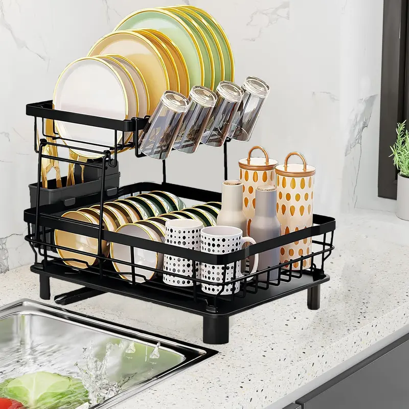 2-Tier Rustproof Removable Coating Countertop Organizer - Sturdy Compact Type Adjustable Metal Rack Kitchen Dryer for Small Spaces, Low Cabinets, with Knife Stand, Utensil Holder, Cup Drip Tray, Efficient Drainage Pipe, Easy Installation, Rubber Feet