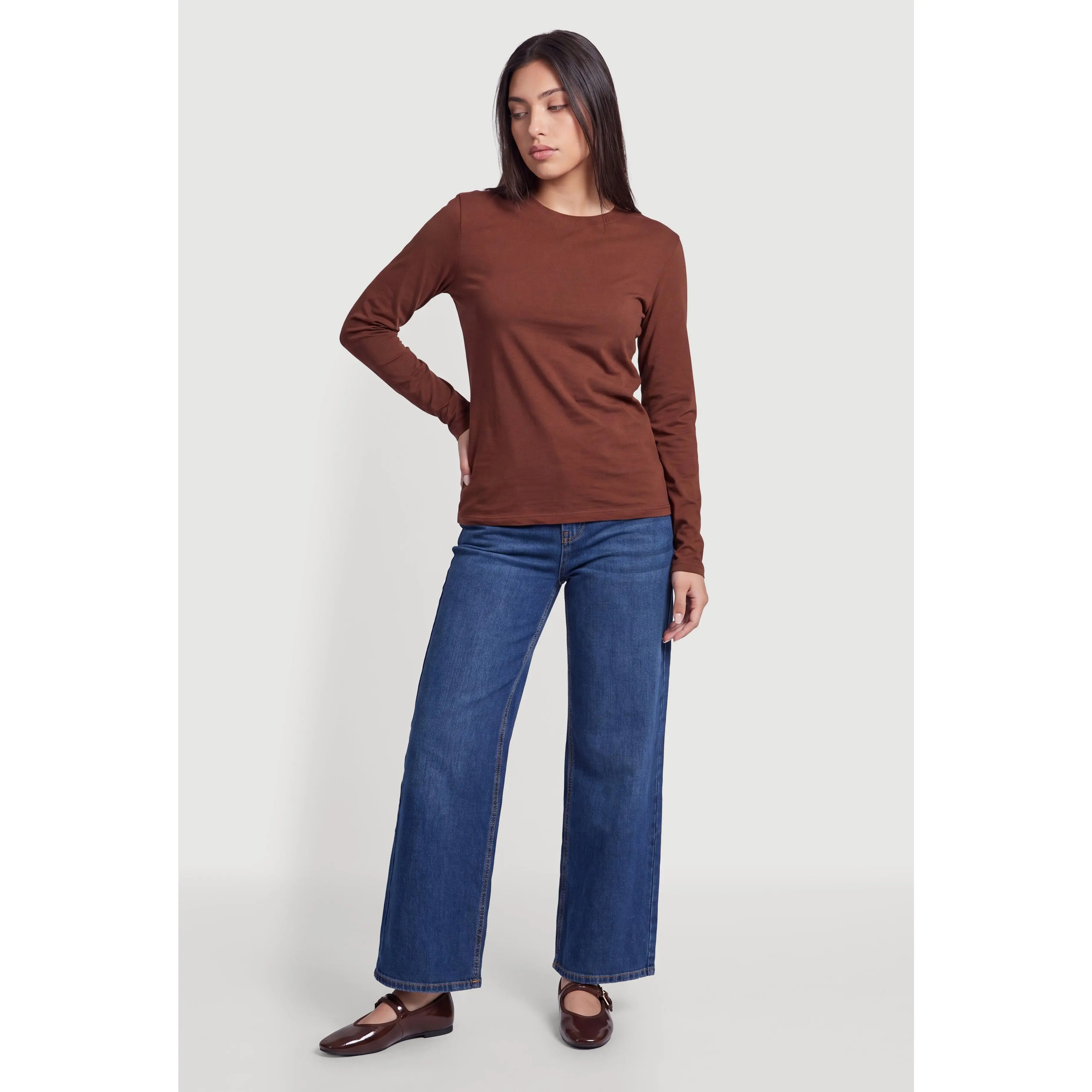 Solid Long Sleeve Crew Neck T-Shirt