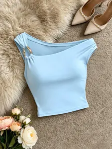 Elegant Aesthetic Women's Metal Button Patchwork Off-Shoulder Asymmetrical Slim Fit Top Womenswear, Trendy Solid Color Casual Fashion, Perfect for Spring & Fall