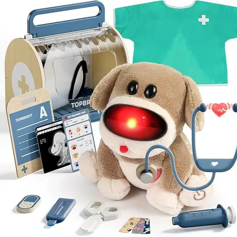 TOP BRIGHT Child Safe Nontoxic Toddler Pretend Play Set (Ages 3-5) - Compact Wooden Doctor Kit, Costume, Dog Vet Toys, Band Aids, Christmas Gifts for 5y Old Girl, Animals & Nature Themed Kids Gifts