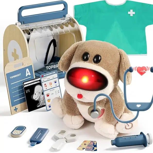 TOP BRIGHT Child Safe Nontoxic Toddler Pretend Play Set (Ages 3-5) - Compact Wooden Doctor Kit, Costume, Dog Vet Toys, Band Aids, Christmas Gifts for 5y Old Girl, Animals & Nature Themed Kids Gifts