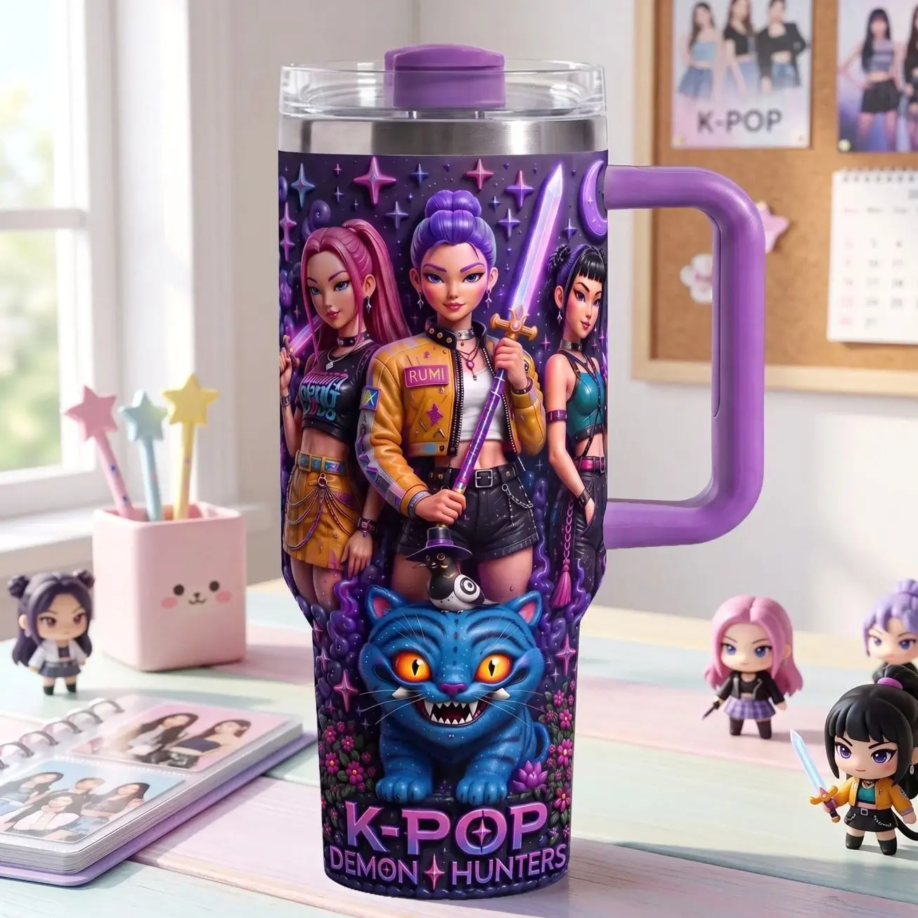 KPop Demon Hunters 40oz Tumbler with Handle & Straw, Rumi Mira Zoey Insulated Cup, Huntrix K-Pop Fan Gift, Purple Fantasy Travel Mug, Anime Music Collectible Drinkware for Girls