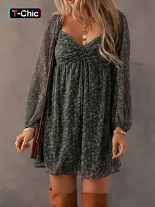 Women's Ditsy Floral Print Sweetheart Neck Shirred Back Fitted Feminine Dress, Boho Bohemian Fashion Casual Chic Puff Sleeve Dress for Daily Holiday Vacation Wear, Ladies Dress for All Seasons, Casual Boho Elegant, Womenswear
