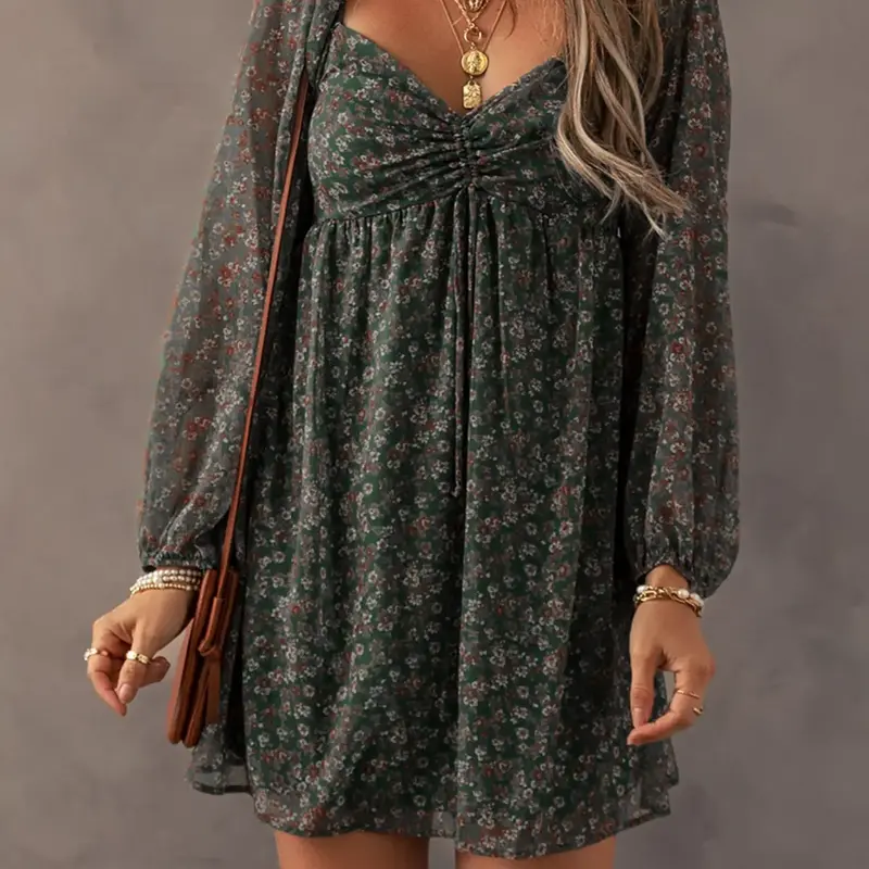 Women's Ditsy Floral Print Sweetheart Neck Shirred Back Fitted Feminine Dress, Boho Bohemian Fashion Casual Chic Puff Sleeve Dress for Daily Holiday Vacation Wear, Ladies Dress for All Seasons, Casual Boho Elegant, Boho Style, Womenswear