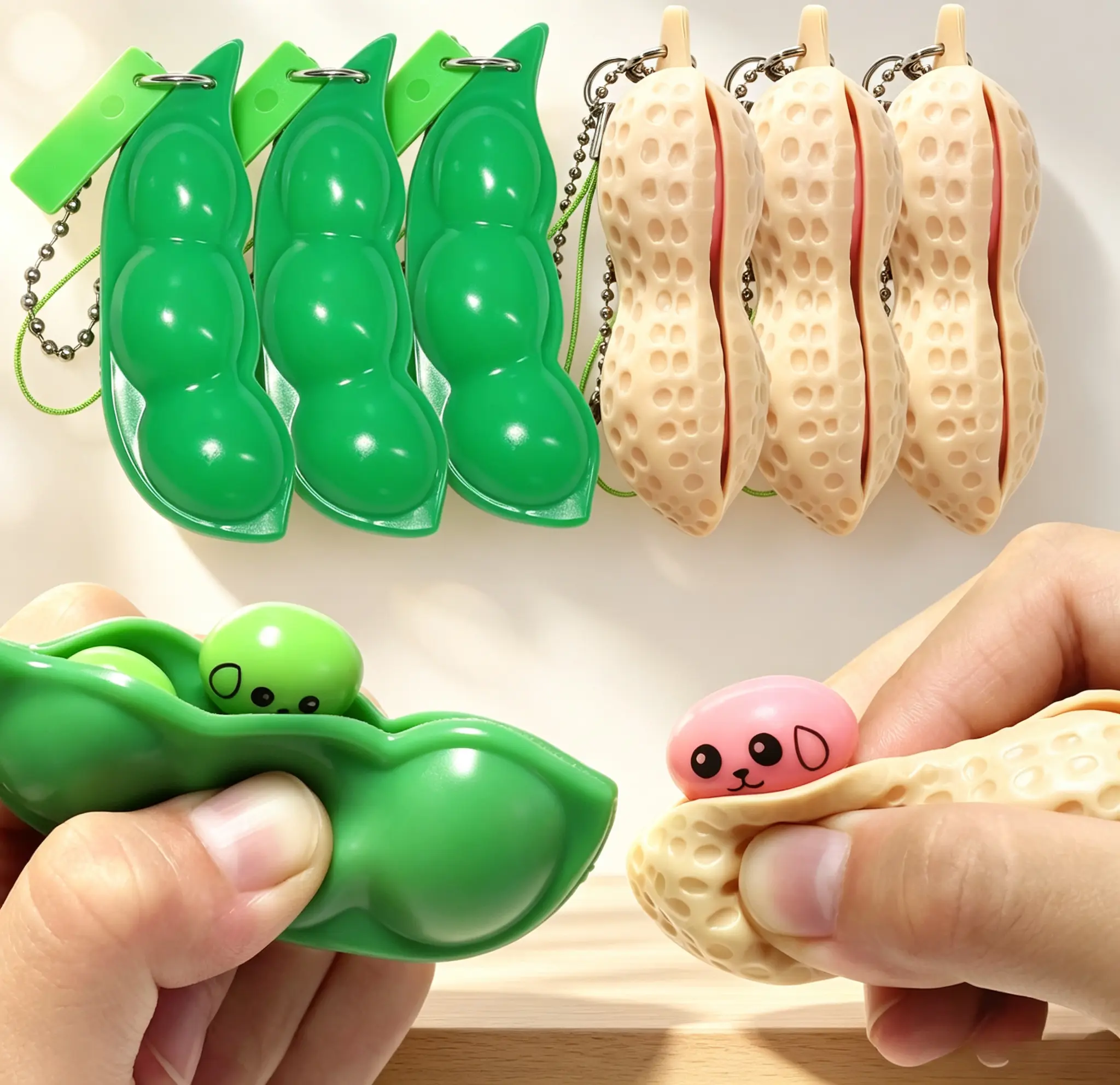 6 Pack Squeeze Bean Fidget Keychain Toys, 3 Pea & 3 Peanut Sensory Stress Relief Toys for Kids and Adults Portable Pocket Fidgets