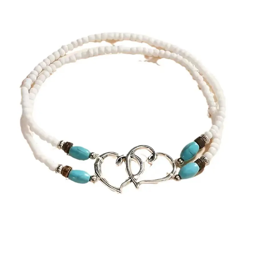 Unisex Retro Double-Layer Alloy Chain Jewelry Anklets - Turquoise Beads, Diamond-Studded Charm, Bow Accent, Casual & Versatile Appeal, Couple Matching Costume Jewelry for Daily Wear & Events