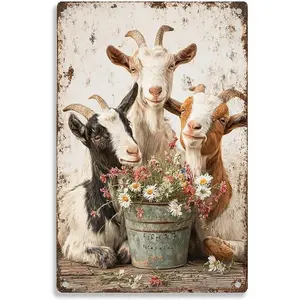can be customized with your own designThree Cute Goats with Flowers Bucket Farm Animal tin sign, Vintage Farmhouse Goat Metal Sign print Aesthetic Room Decoration for Home Bedroom Kitchen Bar Dorm Bathroom Wall Decor 8 x 12 Inch