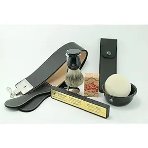 GBS Deluxe Wet Shaving Set - Dovo Straight Razor Black Folding Handle Carbon Blade, Leather Strop, Chrome Brush Stand, Ceramic Shave Bowl, Pure Badger Brush, Alum Block, Razor Case + Natural Soap Steel Durable