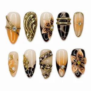 Unlock00 ORANGE FLOWER - Almond Handmade Press On Nails | Easy To Apply, Long Lasting, High Quality