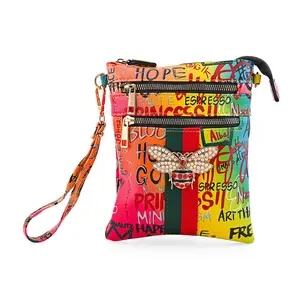 Chunma Multi Color Graffiti Bee Faux Leather Clutch Crossbody Bag
