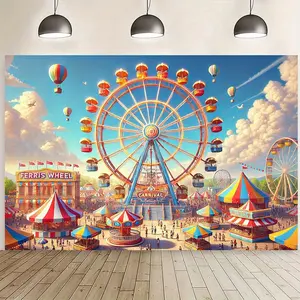 243.84x182.88cm Vibrant Carnival Scene with Giant Ferris Wheel - Polyester Backdrop with Hot Air Balloons, Tents, and Colorful Flags - Perfect for Indoor/Outdoor Decor, Photo Shoots, Parties, and Live Events - Easy to Hang, Party Backdrop | Festive