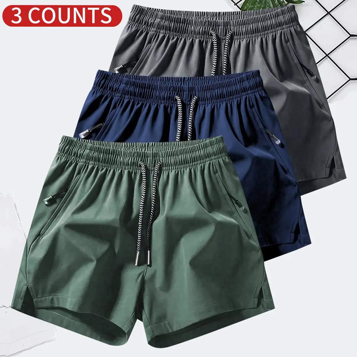 Men's Solid Color Medium-Length Featherweight Athletic Shorts - 95% Polyester 5% Spandex Woven Fabric (115g/m²), Adjustable Zip-Up Drawstring, Flex Body-Fitting Regular Fit, for Casual Daily Wear & Workouts, Medium-Length Men's Shorts, Adjustable Men's Sh