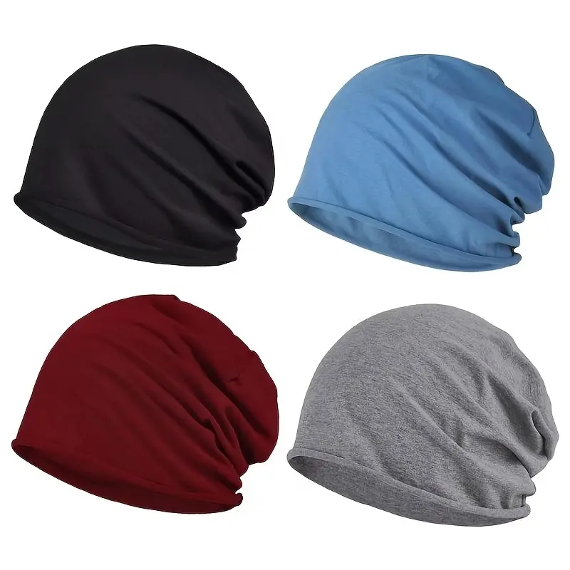4-Pack Soft Stretchy Slouchy Beanies - Cotton Knit Hats, Comfortable, Flexible, Elastic, Lightweight, Breathable, Ideal for Outdoor Activities and Sleeping, Beanie