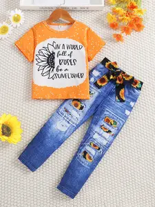 Toddler Girl's Sunflower & Letter Print Round Neck Tee & 3d Denim-effect Print Belted Pants Set, Floral Print Set, Summer Clothes Set, 2 Piece Kids' Clothing
